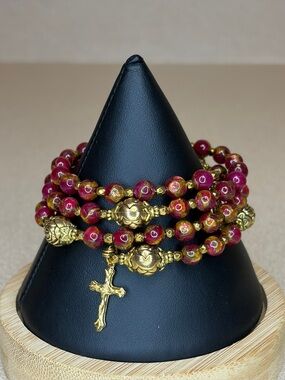 Cranberry & Gold Rosary Wrap Bracelet